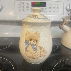Vintage Tienshan Stoneware Country Theodore Teddy Bear Canister Jar 7.5" w Lid